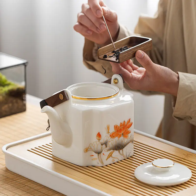 Luxury White Jade Ceramic Teapot, Single Brewing Pot Tea Water Separation Design for Home Tea Making