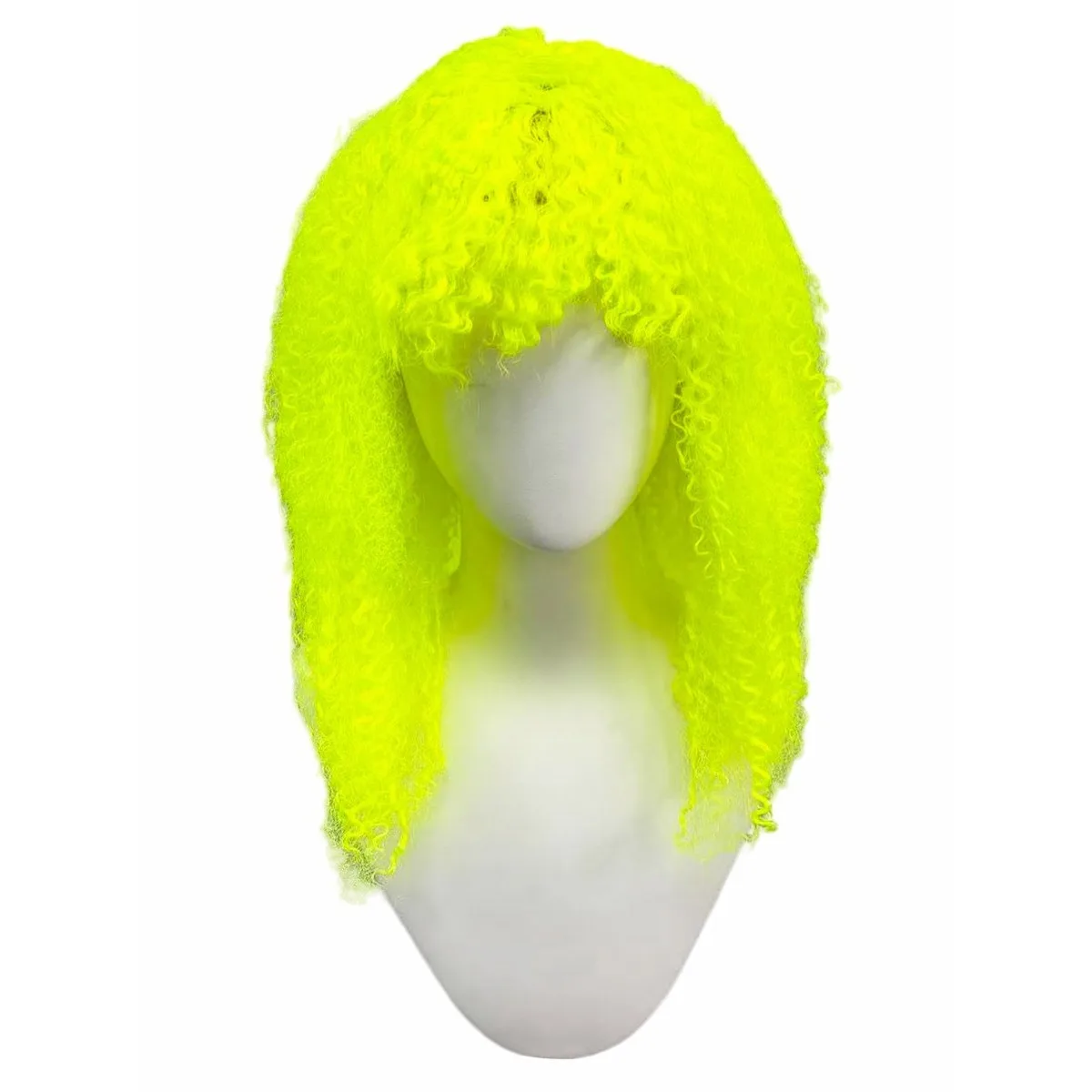 Neon Yellow Medium Tight Afro Curly Synthetic Wig Bangs Unisex Retro Disco Hippie Halloween Carnival Party Cosplay Punk Costume