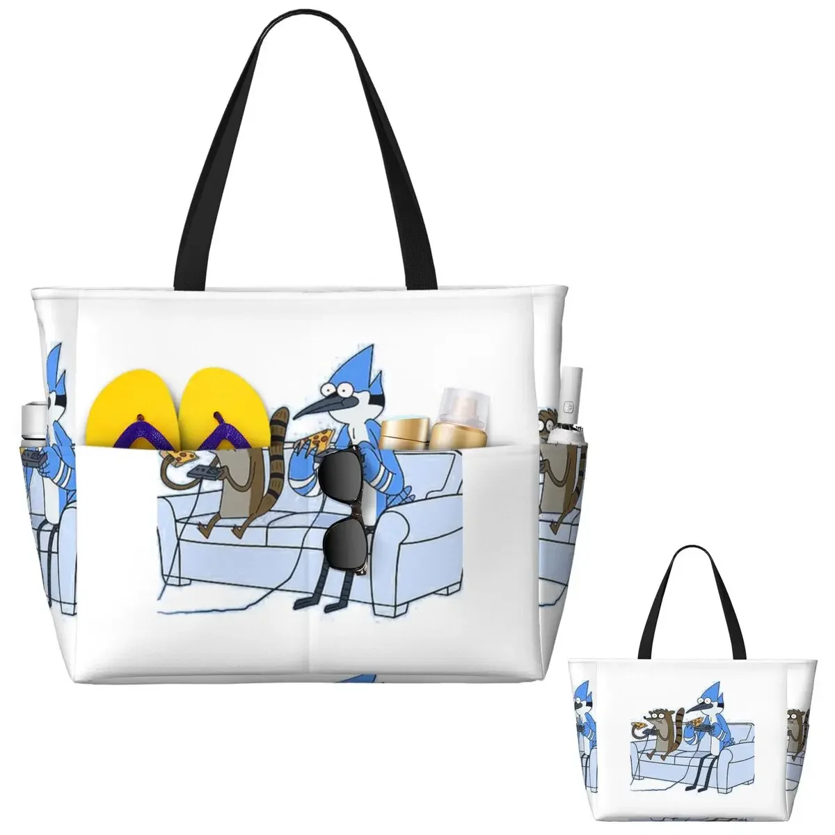 

Mordecai And Rigby Pizza And Video Games Beach Tote Bag Sport Gym Yoga Duffle Large Tote Bag Women Travel Bag Fitness bag