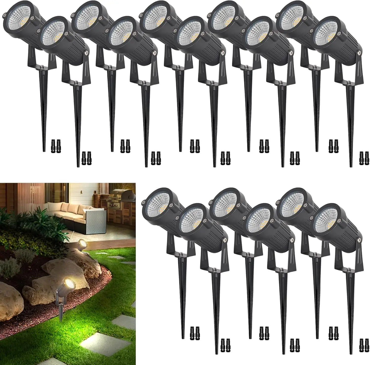 16Pack 5W Low Voltage LED Lawn Lamp 12V/24V Outdoor Spotlight with Spike & Connector for Garden Path Yard Decor Lighting