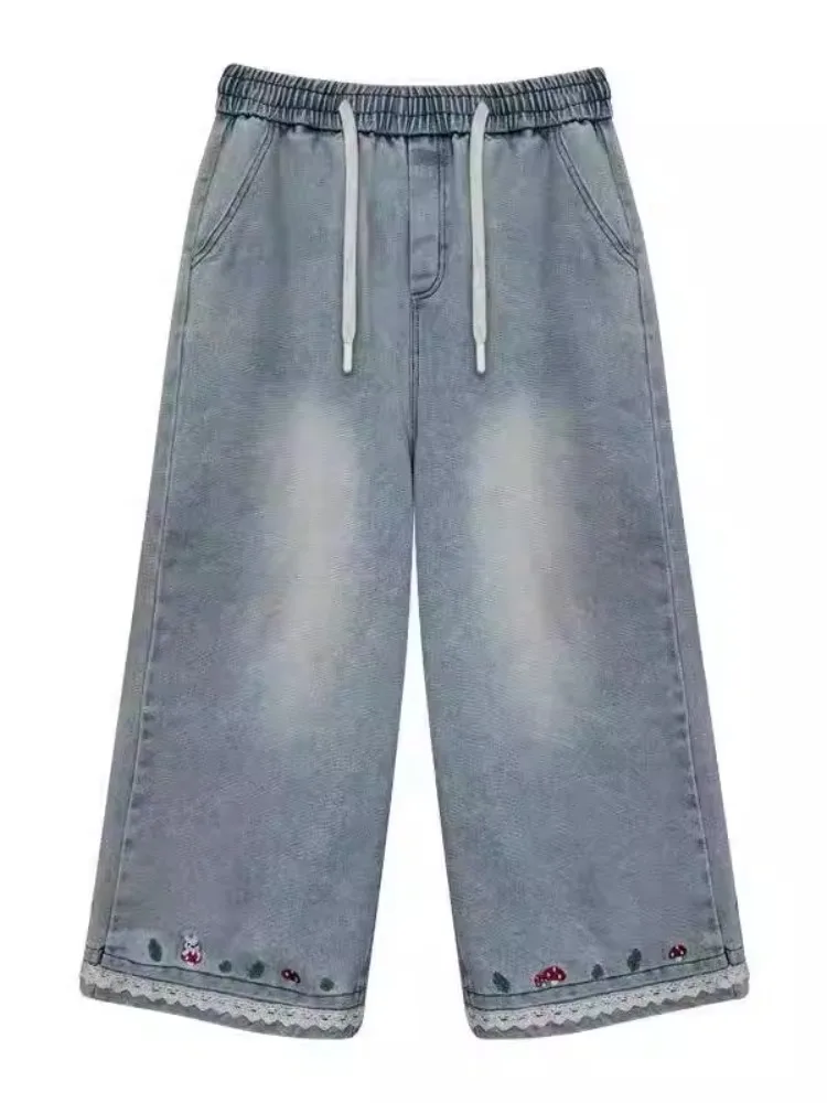 الربيع الصيف أزياء خمر الجينز النسائية نوعية جيدة مرونة الخصر الرباط لطيف التطريز الدانتيل خليط الساق الدنيم السراويل