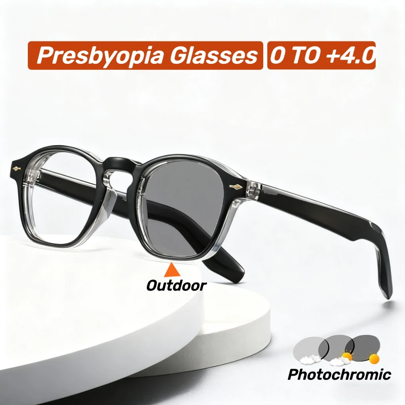 

New Photochromic Reading Glasses Unisex Blue Light Blocking Glasses Fashionable Square Frames Turn Grey Presbyopia Glasses