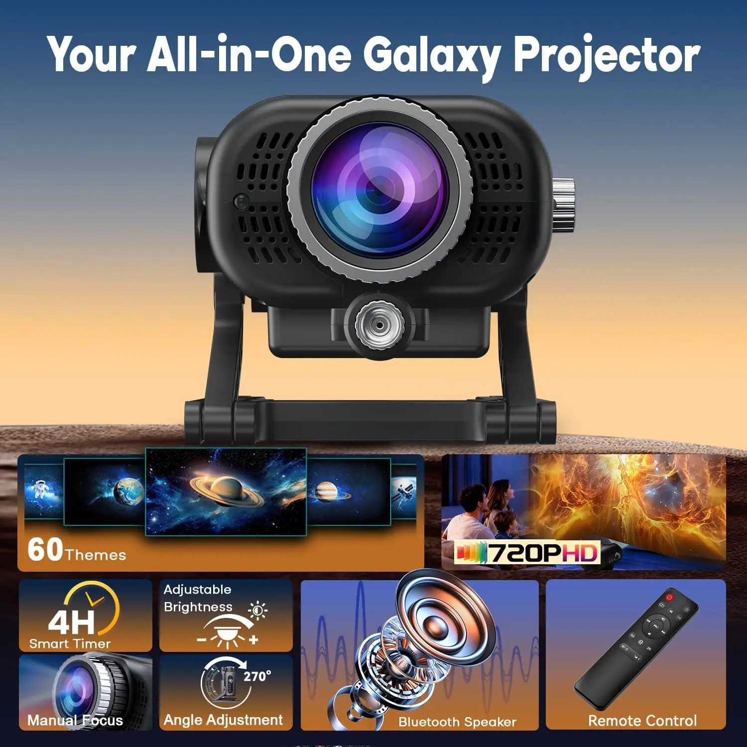2026年新作 3Dホログラフィックプロジェクター アンビエントライト Bluetoothスピーカー搭載 60種類の投影テーマ ギャラクシー宇宙プロジェクターランプ