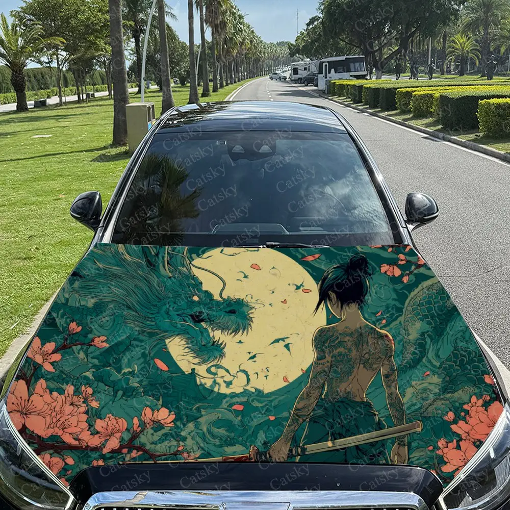 

Japanese Style Samurai Dragon Shadow Print Car Vinyl Wrap, PVC Material Waterproof Car Hood Sticker, Self-Adhesive Scratch-Resis