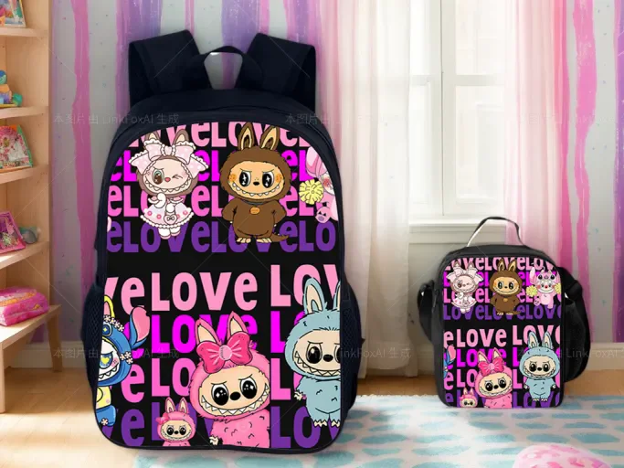 

Student Labubu Casual Knapsack+Water Proof Lunch Bag Set-Kids Durable Cartoon Backpack for School,Travel