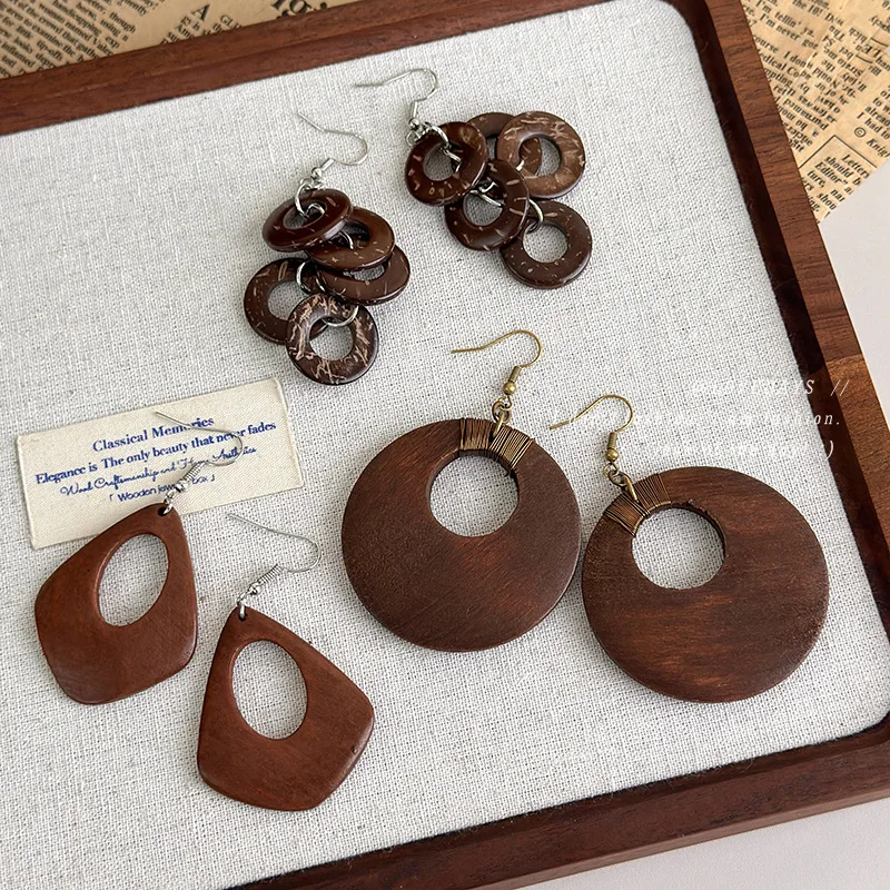 Wooden Hoop Earrings Hollow Cutout Large Boho Vintage Ethnic Statement for Women Unique Design Lightweight Durable Hook
