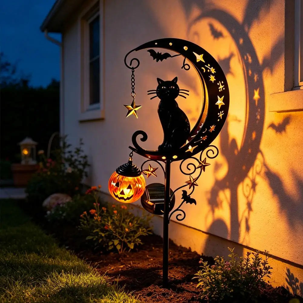 Halloween Garden Stake Light Black Cat&Pumpkin Moon Garden Lamp Decoration Solar Auto On/Off Waterproof Metal Stake Decor