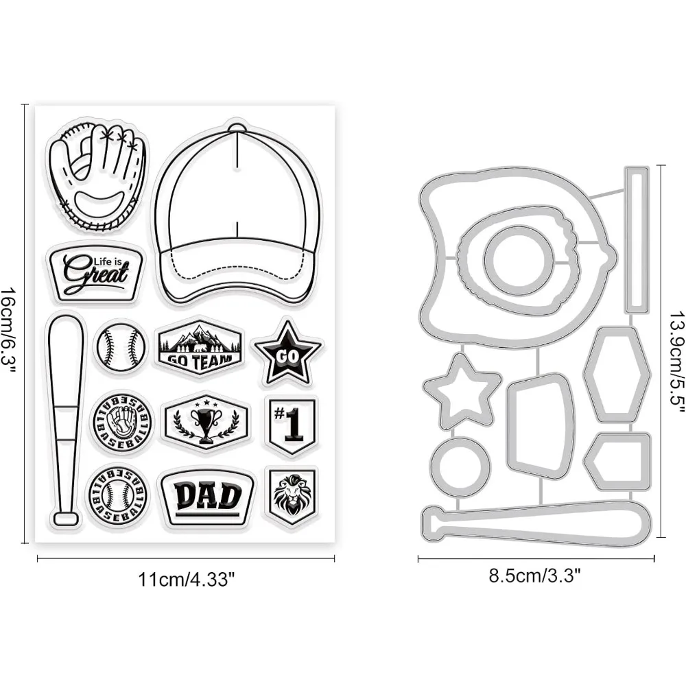 Baseball Theme Clear Stamps and Die Cuts Baseball Cap Gloves Bat Silicone Stamp Cards and Metal Cutting Die for Card Making