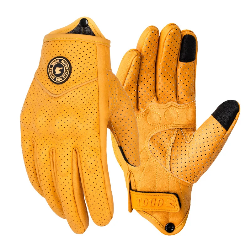 Retro Yellow Leather Motorcycle Gloves Men Women Breathable