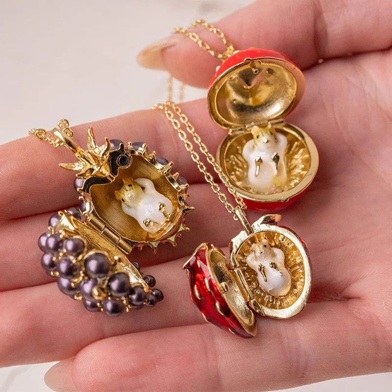 Openable Fruit Shape Locket Necklace Mini Egg Pendant With Tiny Animal Figure Inside Vintage Russian Style Strawberry Pendant