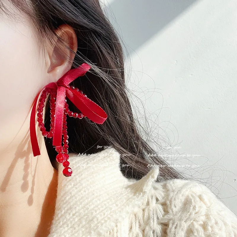 New Year's Ankara Red Crystal Streamer Bow Stud Earrings Internet Celebrity Temperament Earrings