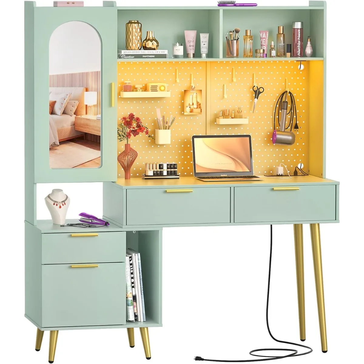48'' Makeup Vanity with Hutch, Modern Bedroom Vanity with Charging Station and LED, Tall Vanity Table with Pegboard, Mirror