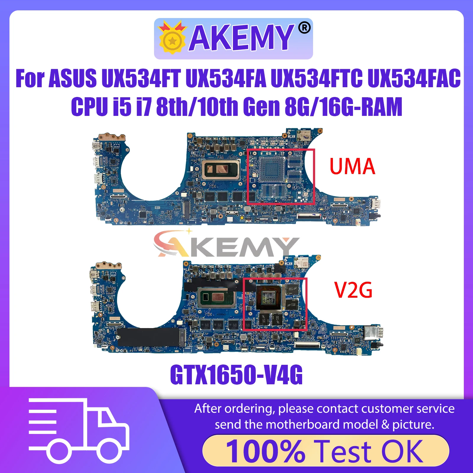 AKEMY UX534FT Laptop Motherboard For ASUS ZenBook 15 UX534FA UX534FTC UX534FAC Mainboard CPU I5 I7 8th/10th 8G/16G RAM GTX1650