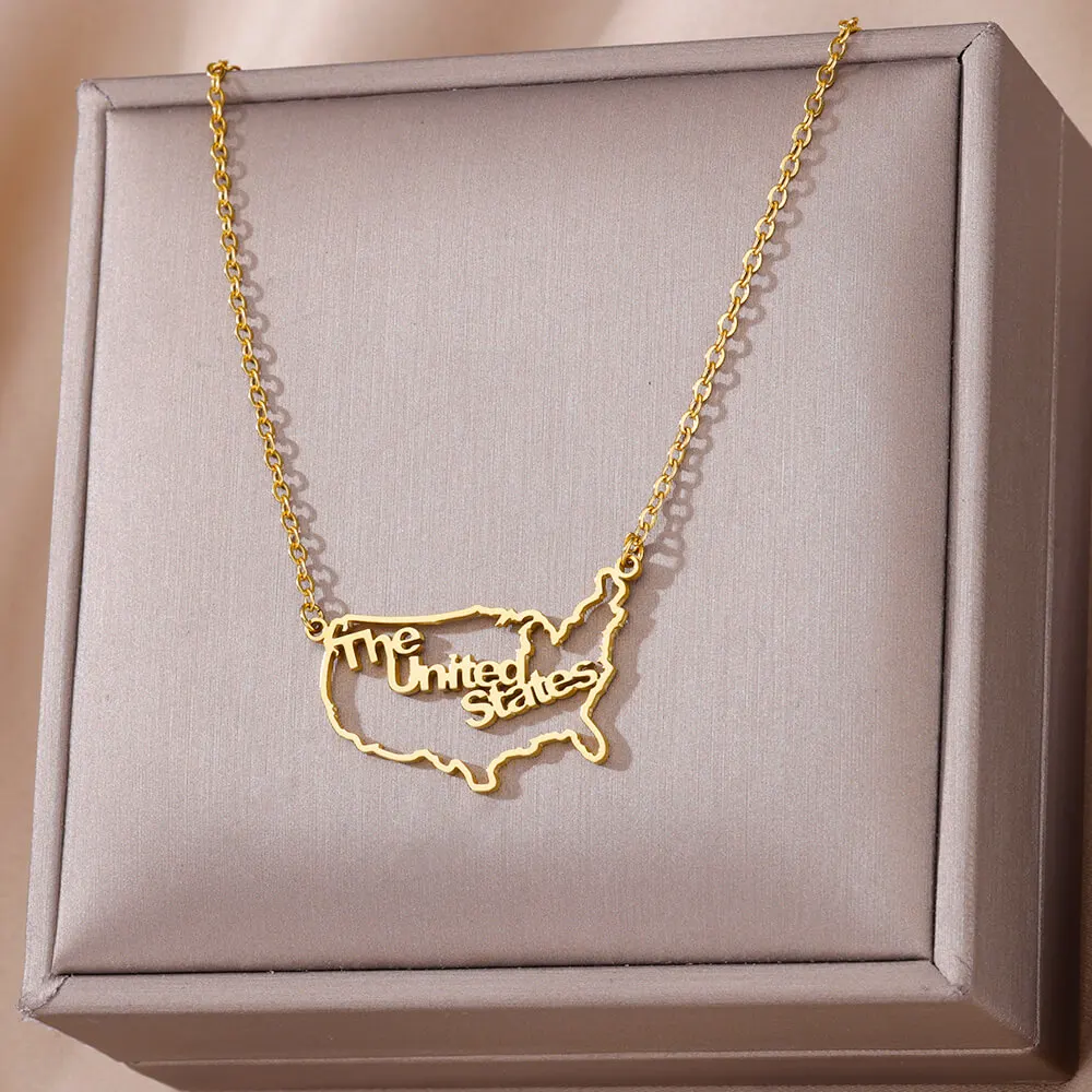 US Map Necklace for Women Men Americans Stainless Steel Jewelry Accessories Texas Hawaii Florida NewYork Pendant Exquisite Charm