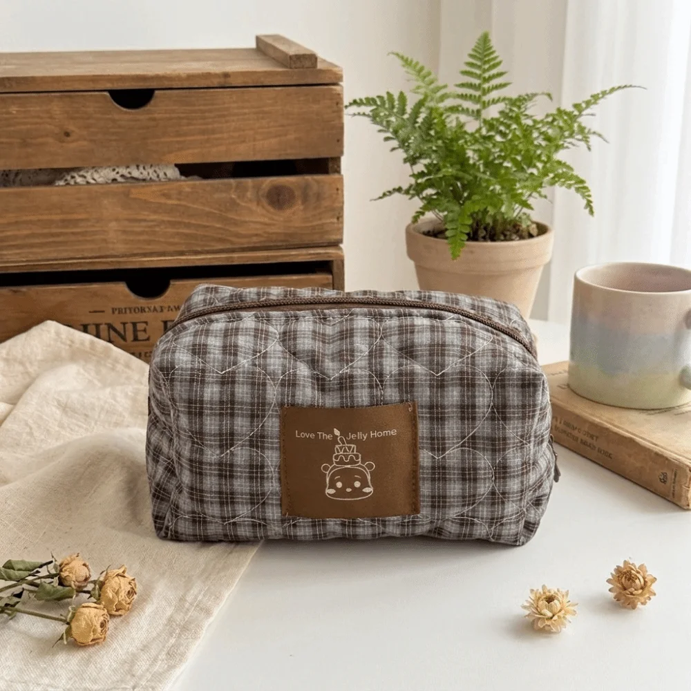 Large Capacity Lace Trim Makeup Bag Plaid Cartoon Cosmetic Storage Bag Checkered Polyester Toiletry Organizer Purse Vacation