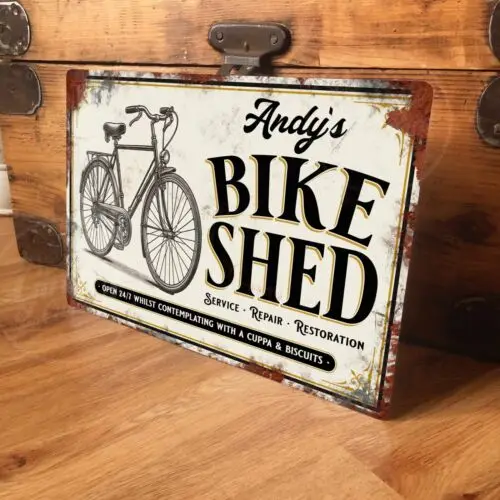 Personalisiertes Fahrradschuppen-Metallschild im Vintage-Stil - 2 Größen