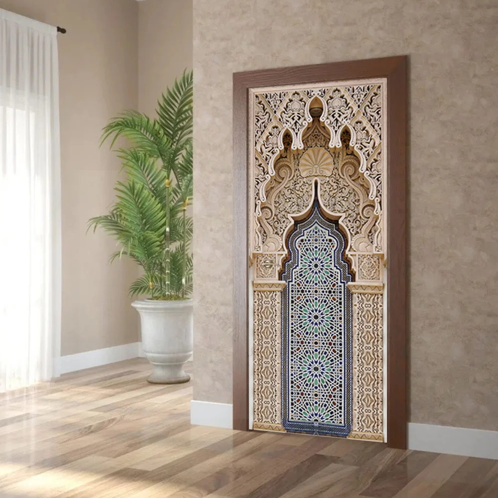 PVC Self-adhesive Removable Muslim Arabic Door Sticker Allahu Islamic Wallpaper Living Room Door Decor 3D Decal Wall Stickers view 5