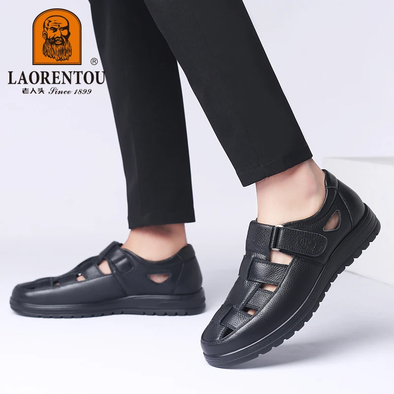 LAORENTOU genuine leather sandals, men\'s hollow and breathable perforated shoes, casual thick soled non slip leather shoes