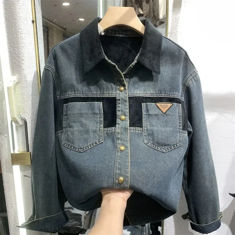 

Autumn Winter Women's Denim Blouse Mid Length Version Add Velvet Ladies Tops Long Sleeve Versatile Lady Cowboy Shirt 2025