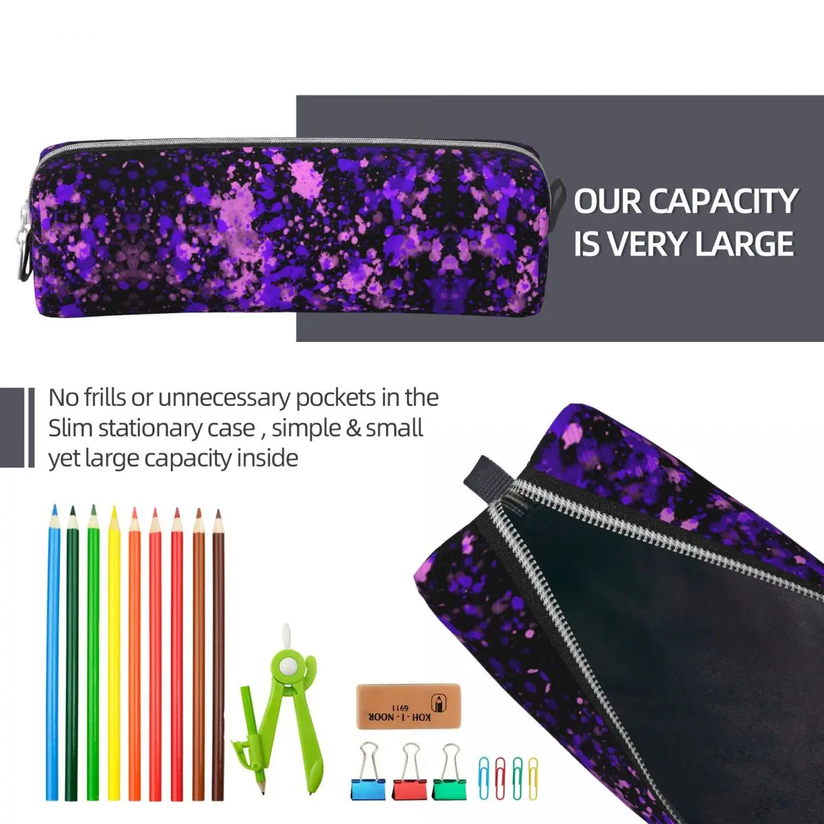 Imagem -06 - Tinta Roxa Splatter Pencil Case Bolsa com Zíper de Impressão Abstrata Cute University School Pencil Cases Meninas e Meninos Suprimentos