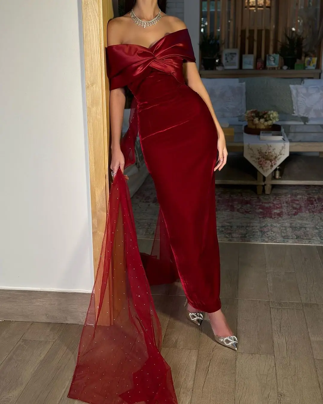 Red Elegant Mermaid Evening Dress Off The Shoulder Neckline Prom Dresses Floor Length Party 2023 Saudi Arabia Women's Formal