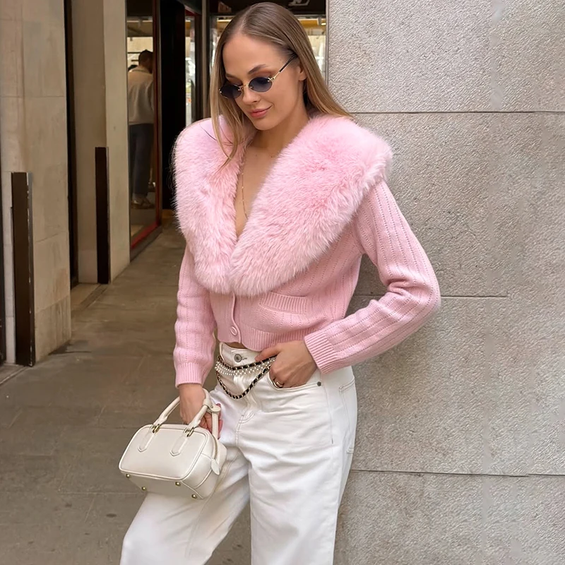 Tornova Fur Collar Knitted Cardigan Women's Buttons Long Sleeve Solid Slim Sweater Coat Female Autumn Winter Commuting Cardigan