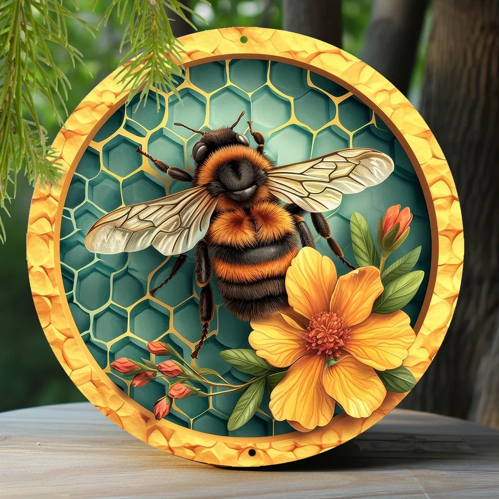 

Round Metal Sign Bee & Honeycomb Decorative Plates Entrance Decor Gift Mask Theme For Bar Club Home Room Wall Decor
