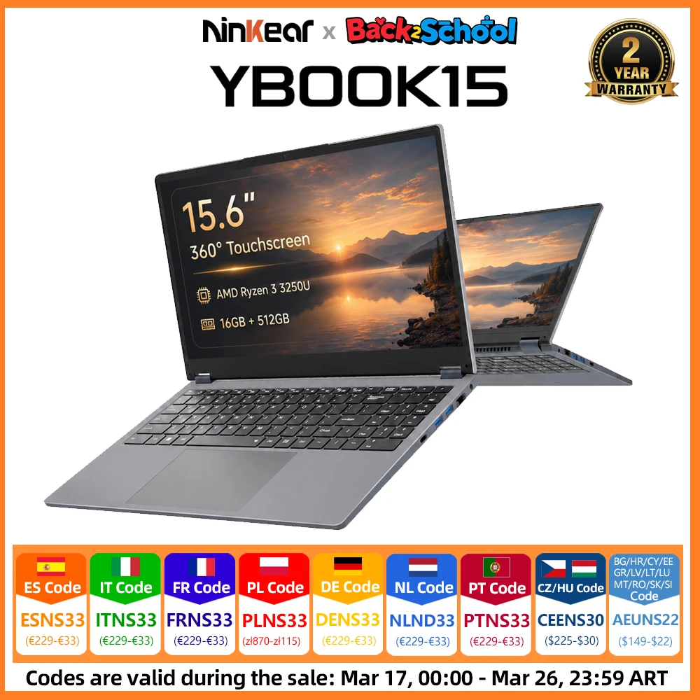 Ninkear YBook15 2 in 1 Laptop 15,6'' FHD IPS Touchscreen 360° Convertible AMD Ryzen 3 3250U 16GB DDR4 512GB SSD WiFi Bluetooth Beleuchtete Tastatur Windows 11 Notebook Büro Studium