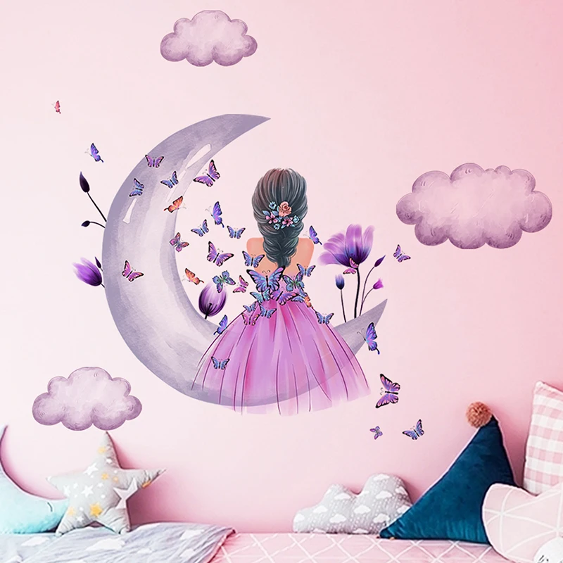 Flower Butterfly Moon Girl Wall Sticker  Decorative Wall Stickers For Living Room Rooms  Draw Self-adhesive Walls Stickers