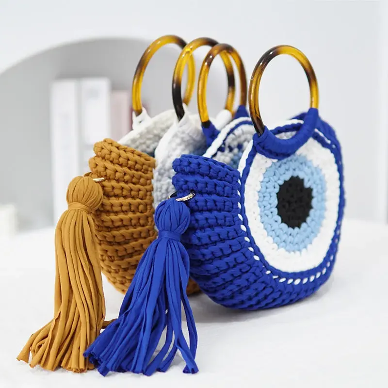 Rope Crochet Handbags Tassel Eyes Tote Round Handle Clutch Female Handmade Knitting Yarn Beach Bags for Women Woven Shoulder Bag