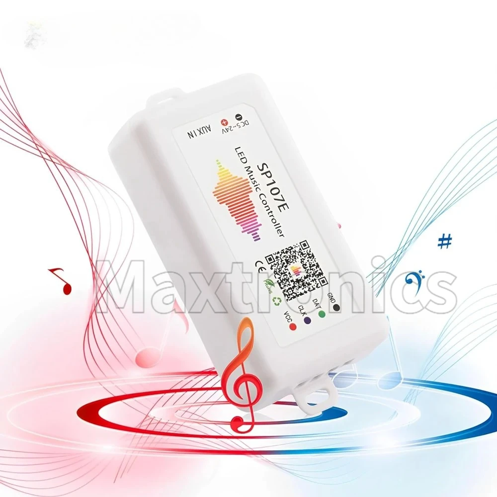 Contrôleur LED SP107E Music compatible Bluetooth par application téléphonique DC5-24V avec SPI sans fil polychrome pour bande lumineuse LED WS2812B