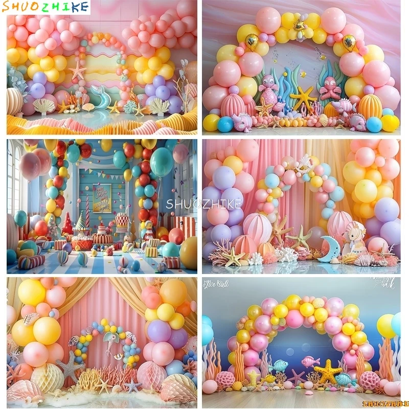 Mermaid Beach Scene Starfish Photography Backdrops Happy Birthday Decor Balloons Crown Party Photo Studio Background DF-02