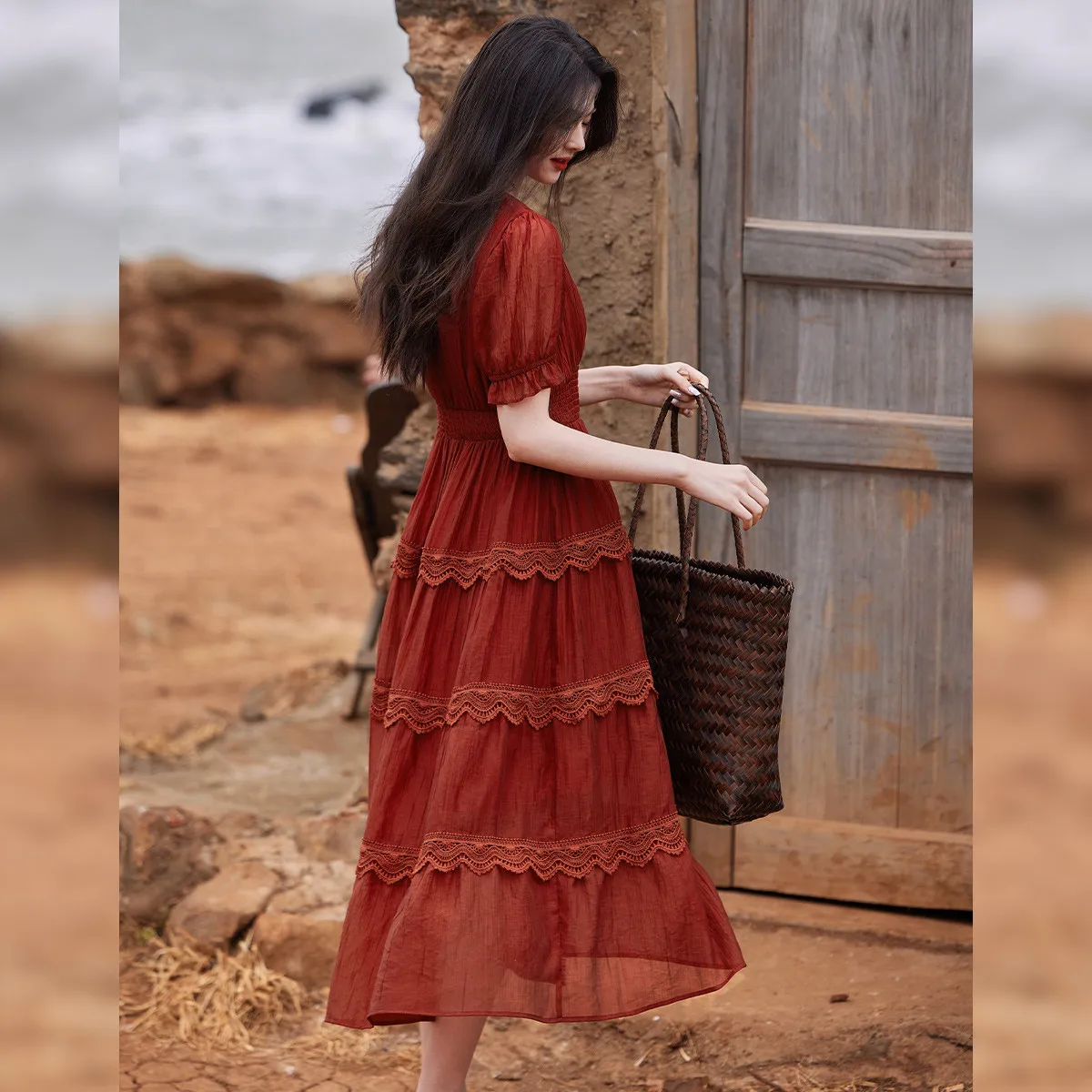 Louis yao 2025 vestido de retalhos de renda com camada de bolo com temperamento elegante decote em v elástico fino ajuste saia longa para mulheres