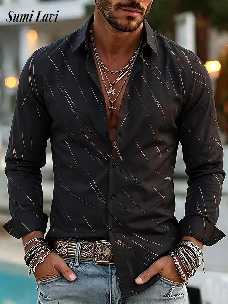 Fashion Long Sleeve Turn-down Collar Shirt Cardigan Mens 2026 Autumn Gold Foil Printed Daily Casual Stylish Tops For Men