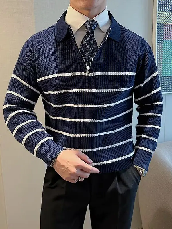 

Мужской вязаный свитер в полоску с воротником на молнии, повседневный, модный, в британском стиле, теплая верхняя одежда для осени и зимы, с узором