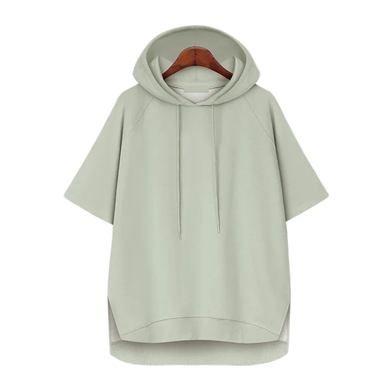 Summer Thin Short Raglan Sleeve Hooded Hoodies Korean Style Split Solid Color Pullovers Drawstring Casual All-Matched Sweatshirt