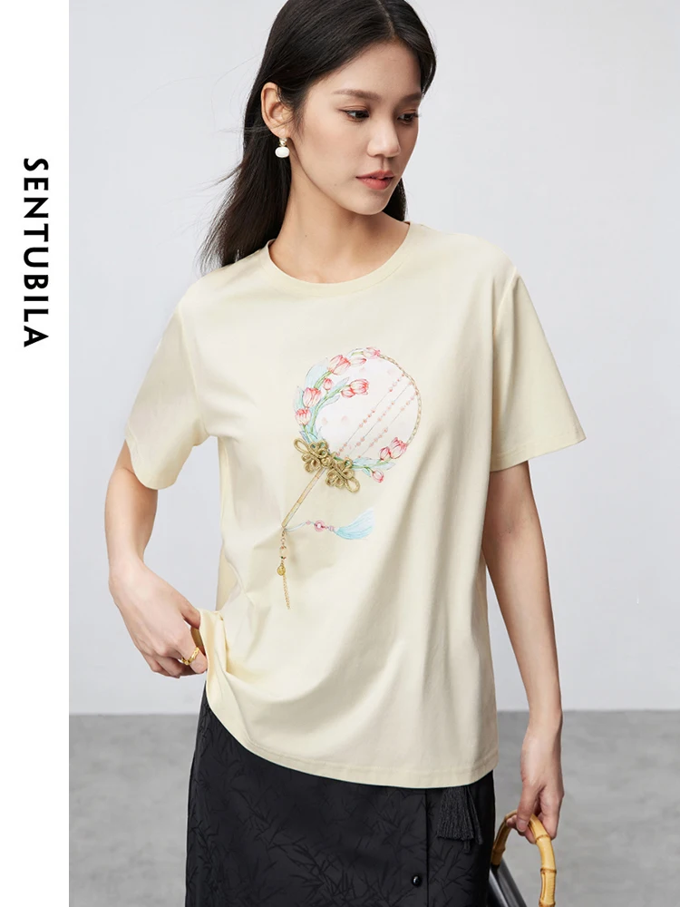 

SENTUBILA Cotton 100% Graphic Casual T-shirt 2024 Summer Simple Solid Pullovers Round Neck Short Sleeve Top for Women 142T54977