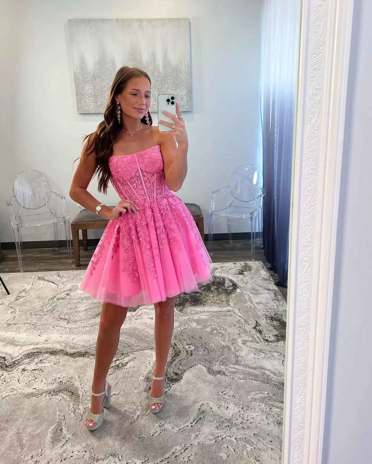 

hot pink short ball gown homecoming dresses strapless illusion corset prom dresses lace appliques tulle graduation dresses