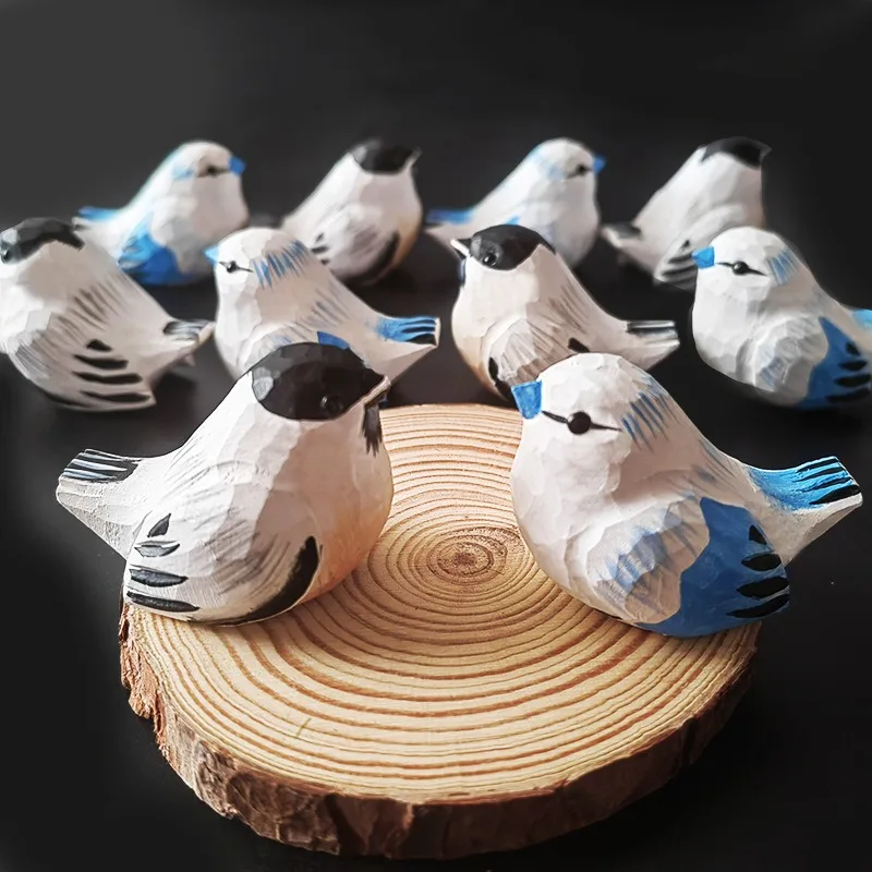 Hand Carved Wood Bird Figurine Cute Titmouse Wooden Ornament Handmade Log Craft Decor Adorable Animal Sculpture Birthday Gift