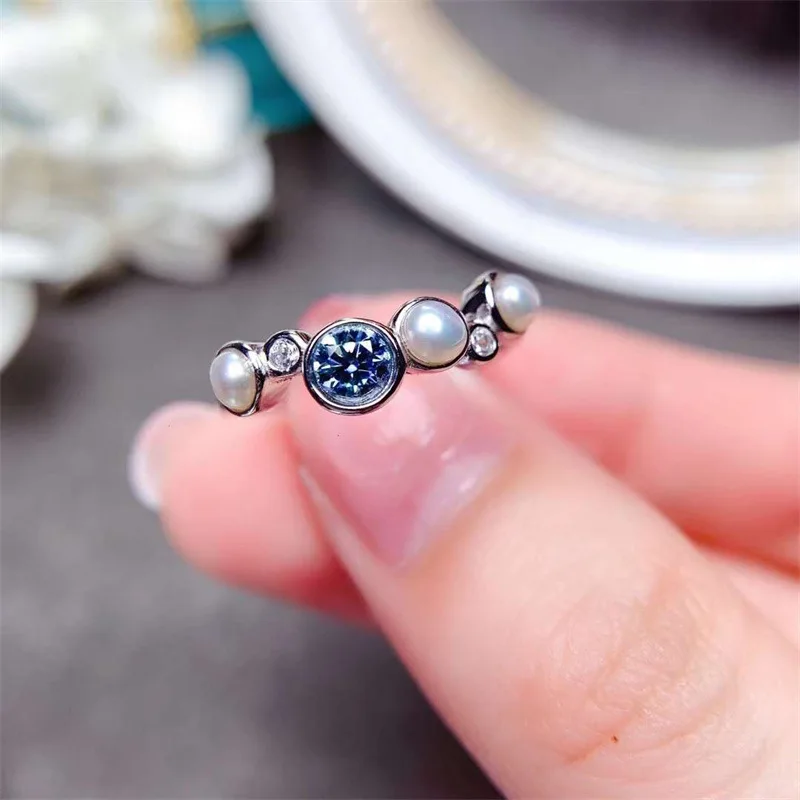 Blue Moissanite Ring 925 Sterling Silver with Stone Pearl Women's Jewelry Birthday Gift Support Delivery