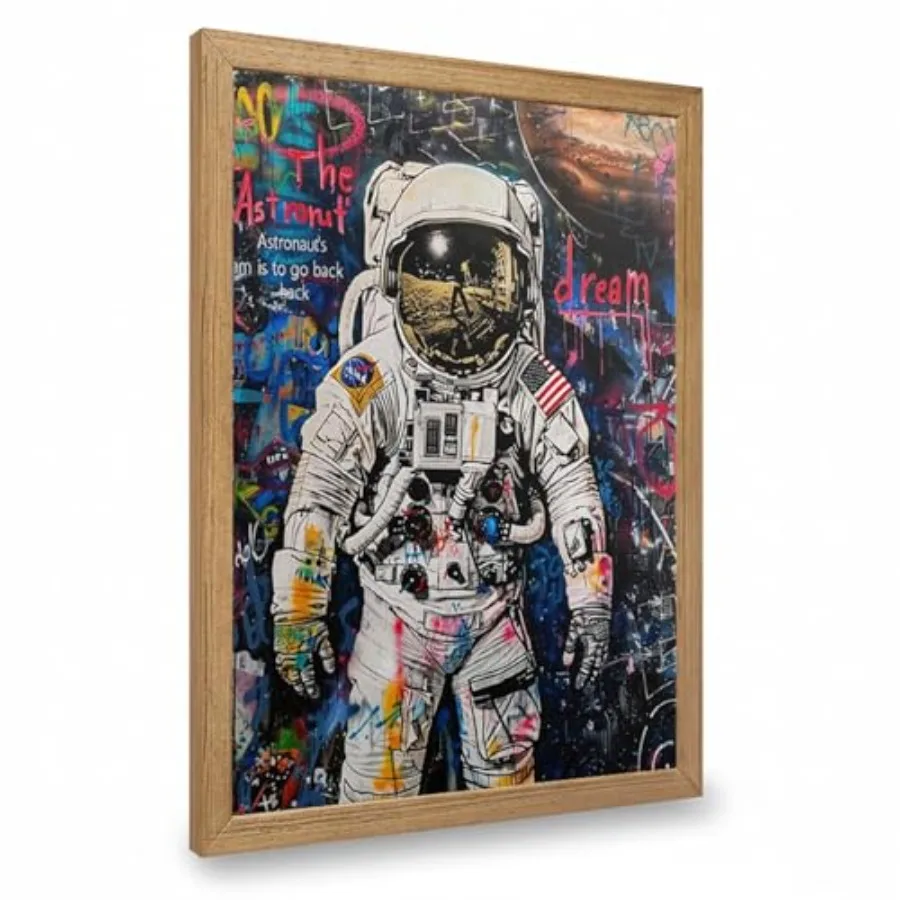 

Холст с граффити-артом - Картина на стену без сверления, на клейкой основе - Декор с изображением космонавта в стиле городского уличного искусства для спальни мальчика, игровой комнаты