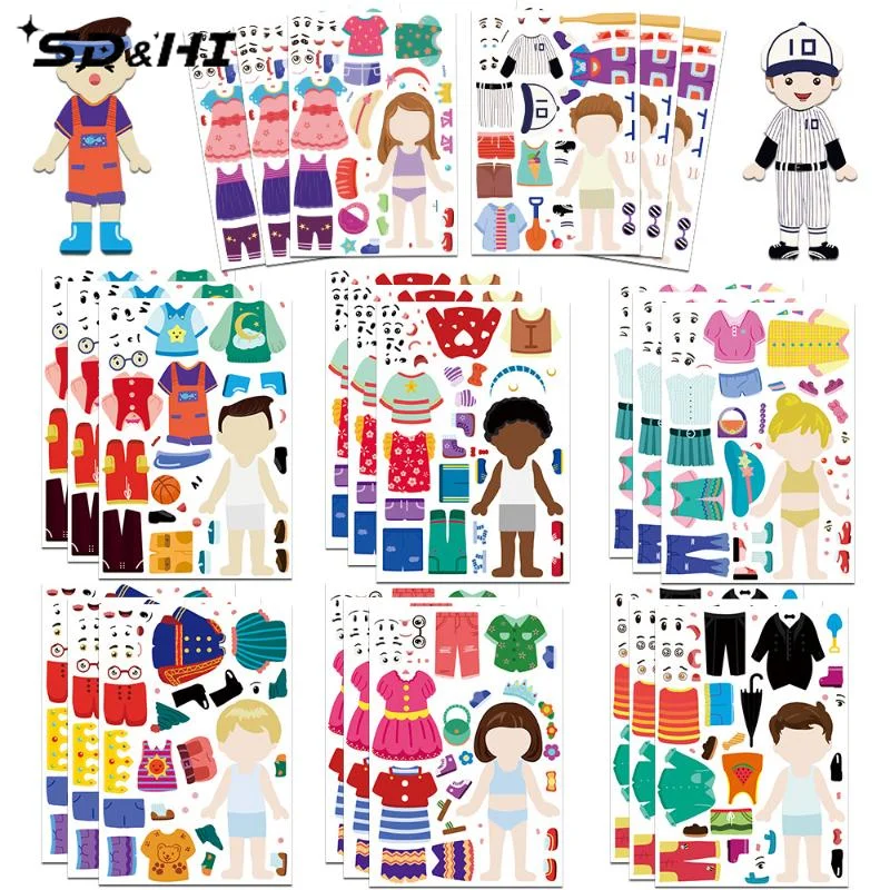 8Pcs Cute Dress Up Puzzle Stickers Cartoon Creative Fun Handbook Character Jigsaw Education Stickers Toys Decoration Sticker