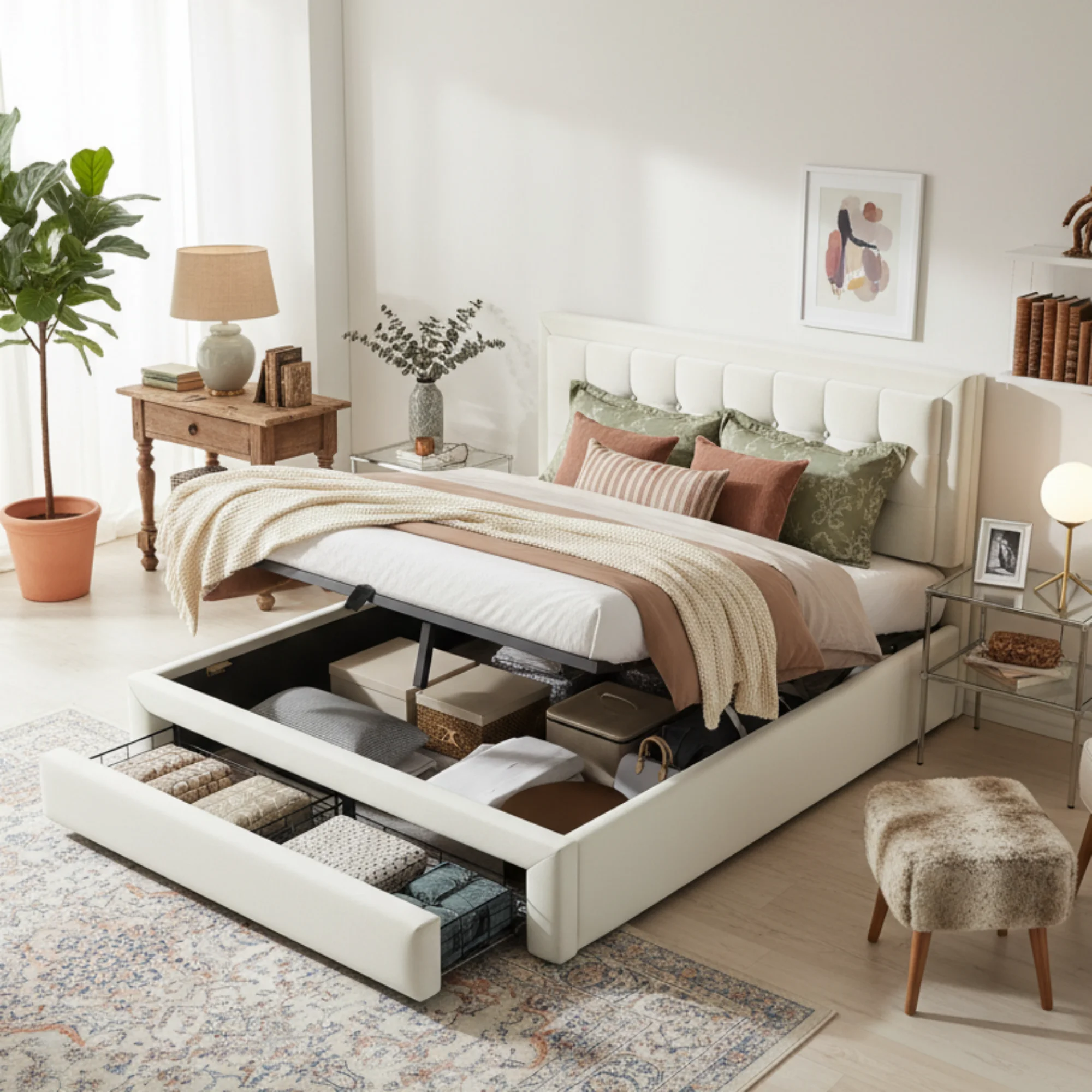 Lit coffre 140x190 cm - hydraulique avec 2 tiroirs et sommier à lattes - velours beige - sans matelas