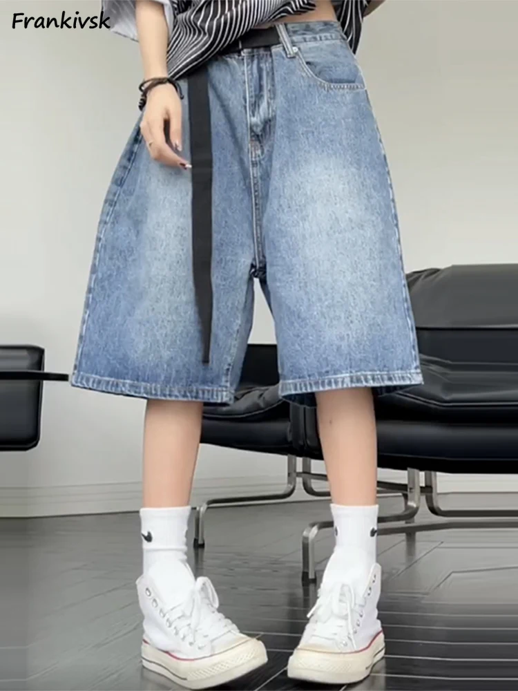 Denim Shorts Women Wide Leg Loose Bleached Washed European Style Retro Knee Length Simple Slouchy Stylish Summer Students 2023