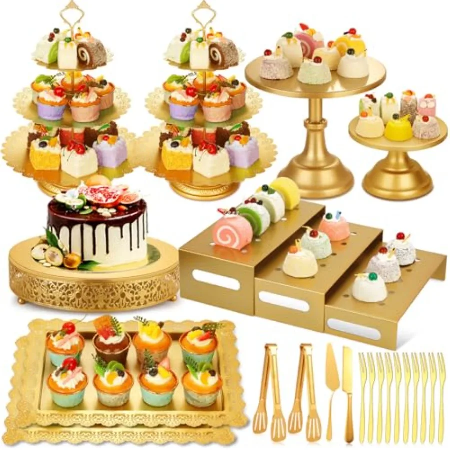 Wedding birthday party dessert table display set: metal gold cake stands, cupcake tower, dessert tray, risers, cake cutting set