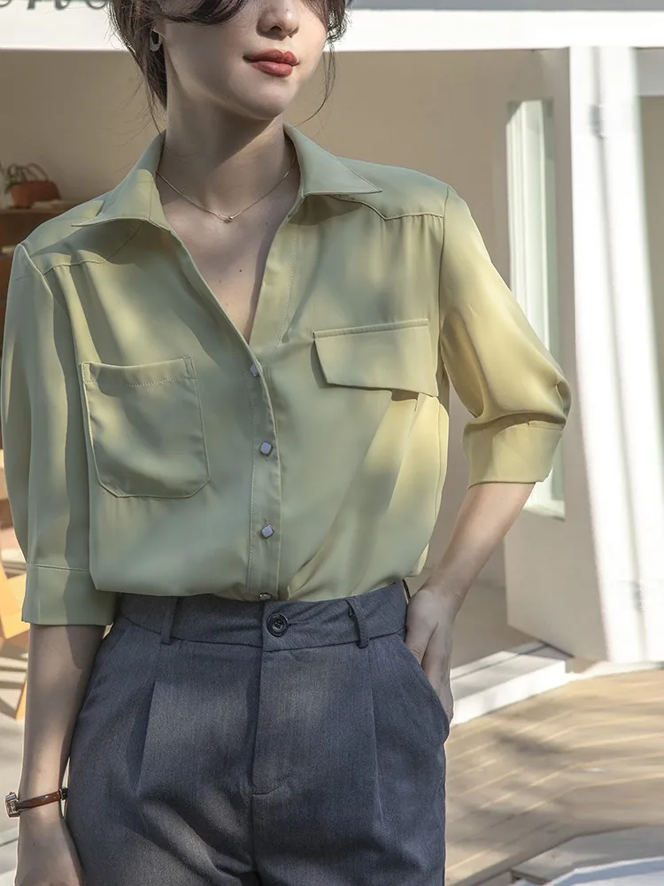 Professional White V-Neck Shirt Women's Summer 2026 New Design Formal Five-Quarter Sleeve Sweet Style Japanese Loose Fit Shirt