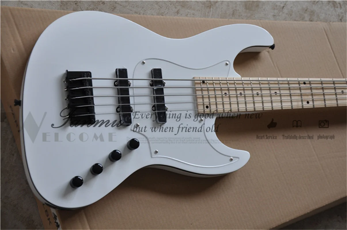 custom JB5 string electric guitar bass ,white bass,black binding,acrylic pickguard,maple neck,chrome buttons,