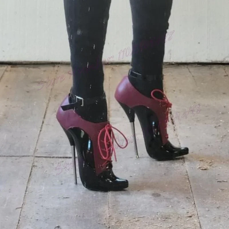 

Patchwork Ankle Strap Metal Heels Boots Lace Up Pointed Toe Shoes for Women Thin High Heels Sexy Shoes 2024 Zapatos Para Mujere