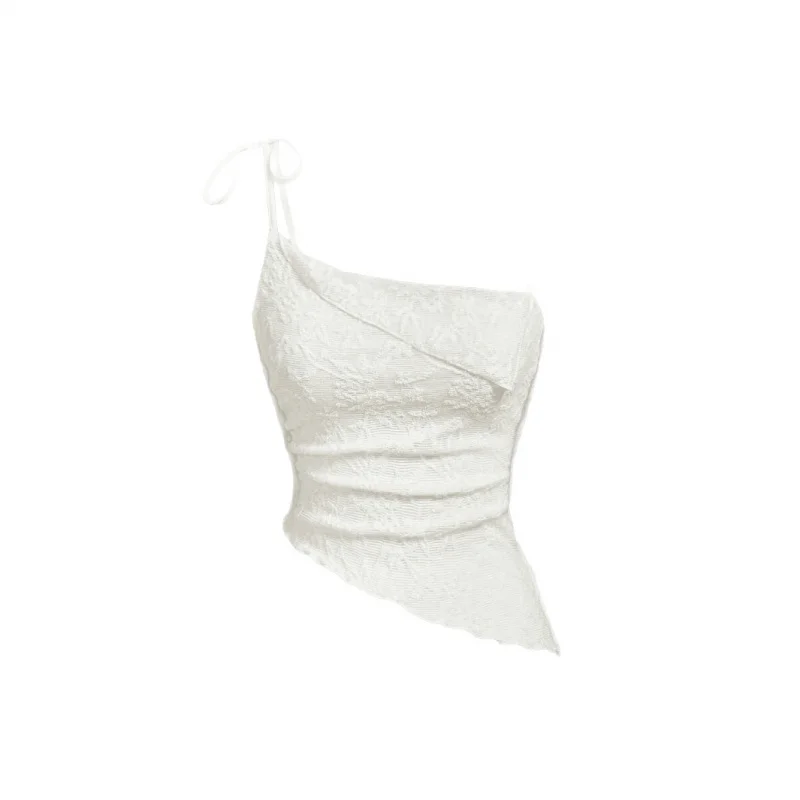 Damski Letni Biały Top Krótki z Teksturowanej Tkaniny, Seksowny Bez Pleców, Asymetryczny, Wiązany na Szelkach, Plisowany, Słodki Top Wakacyjny