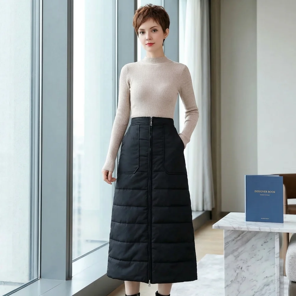 

Women Warm Skirt Women’s High Waist Quilted Midi Skirt with Zipper Closure Thickened Warm A-line Skirt Solid Color with Side